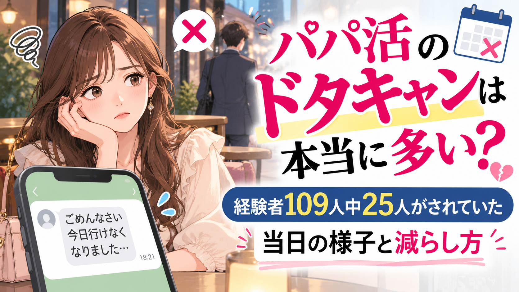 パパ活のドタキャンは本当に多い？経験者109人中25人がされていた当日の様子と減らし方