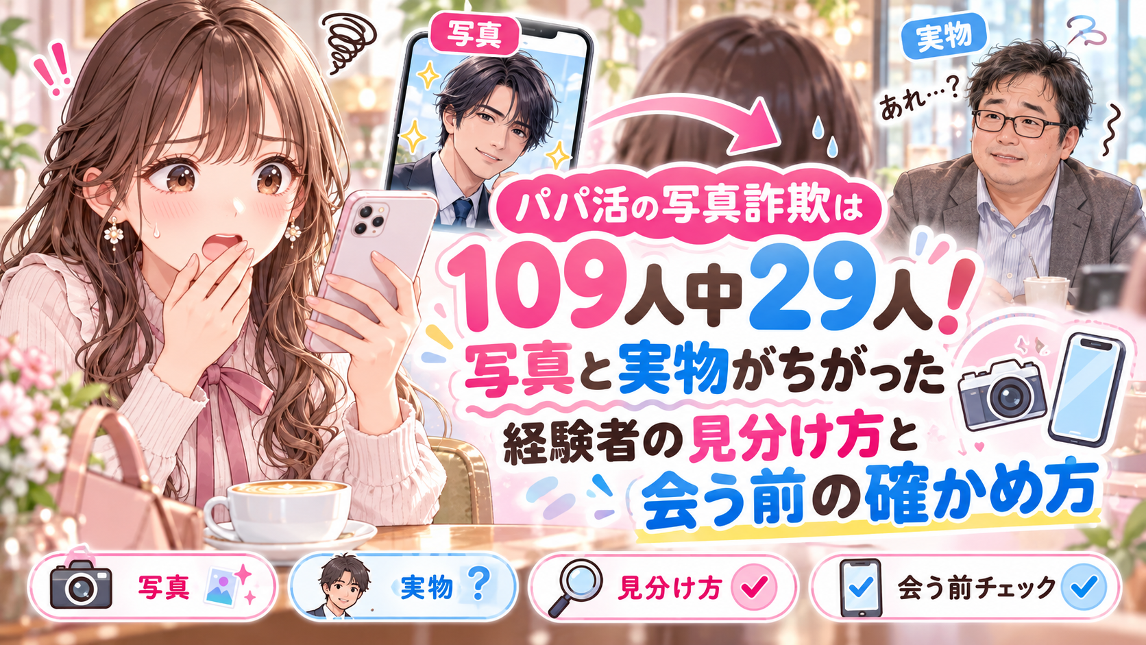 パパ活の写真詐欺は109人中29人！写真と実物がちがった経験者の見分け方と会う前の確かめ方