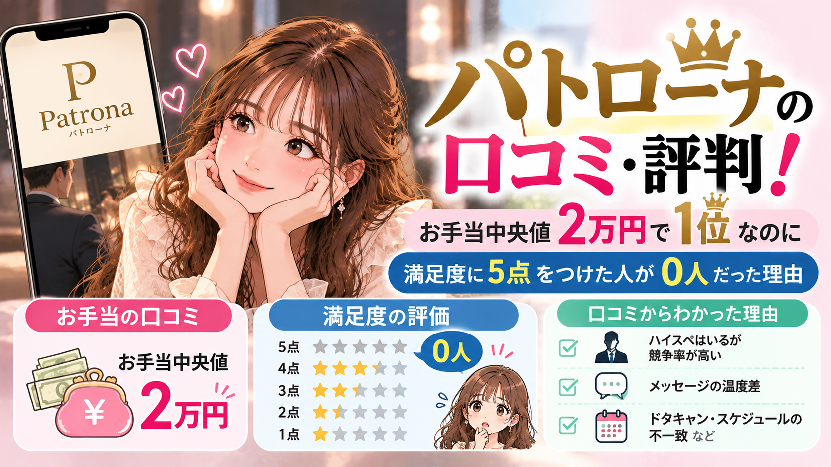 パトローナの口コミ・評判！お手当中央値2万円で1位なのに満足度に5点をつけた人が0人だった理由